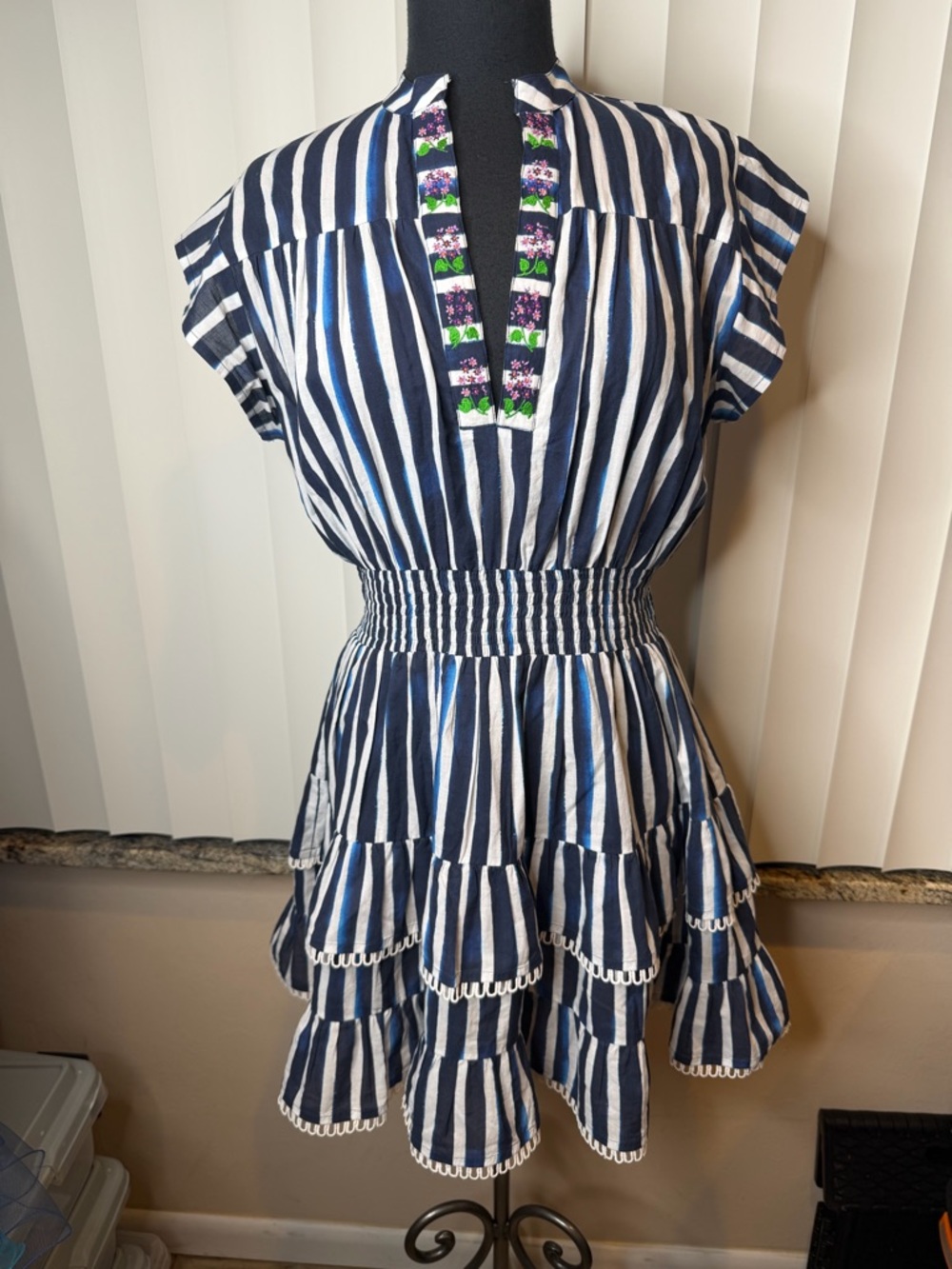 Bindu Poppy Cotton Striped Navy White Tiered Sundress Size Small
